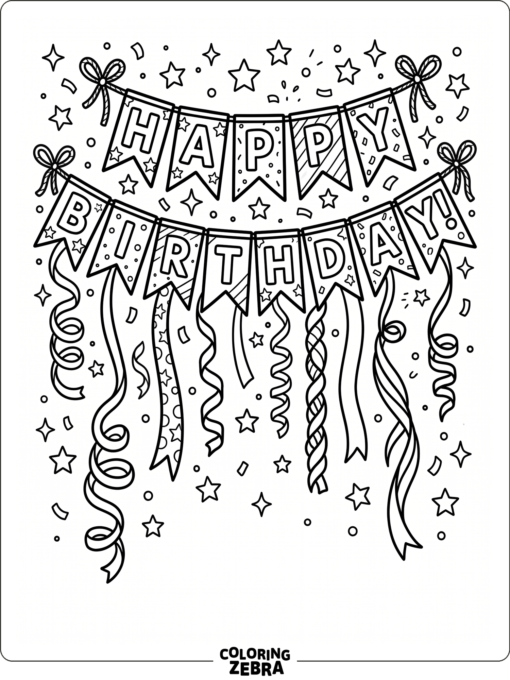 Birthday banner with flags, stars, and streamers