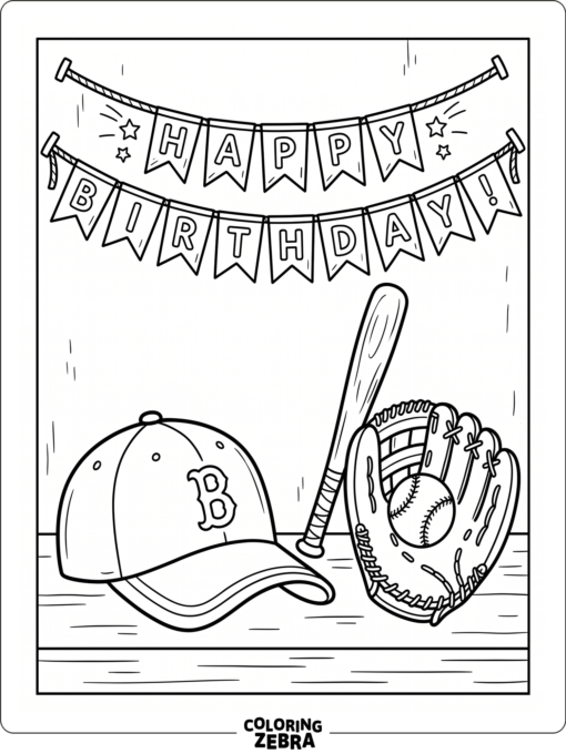 A baseball cap, bat, glove, and birthday banner