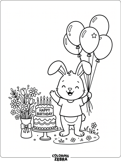 A bunny holding balloons beside a birthday cake