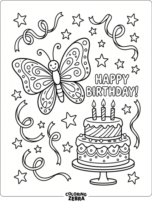 A butterfly near a birthday cake and ribbons