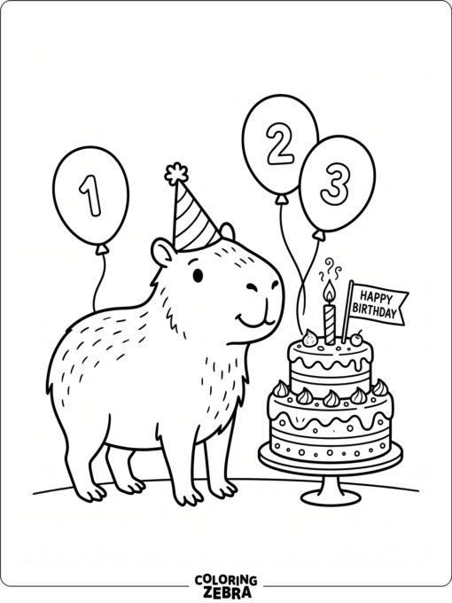 A capybara in a party hat beside a birthday cake