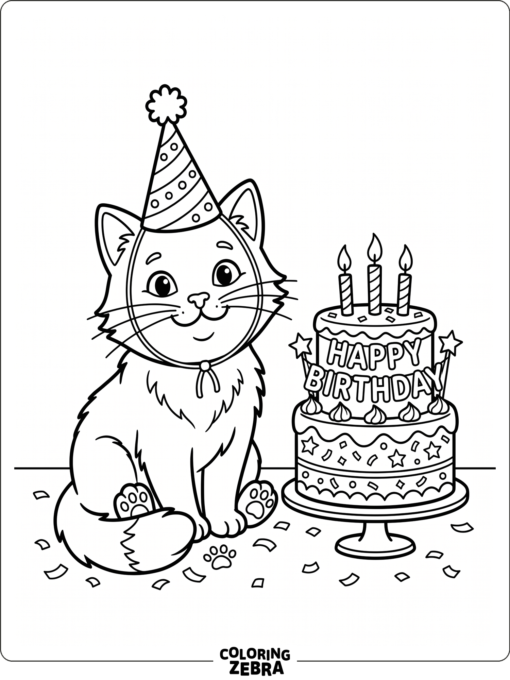 Cat wearing a party hat beside a cake