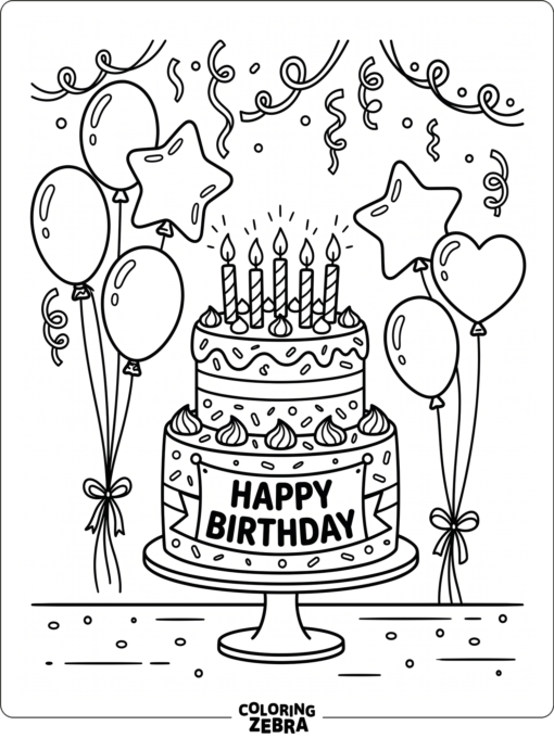 Birthday balloons and a cake with candles