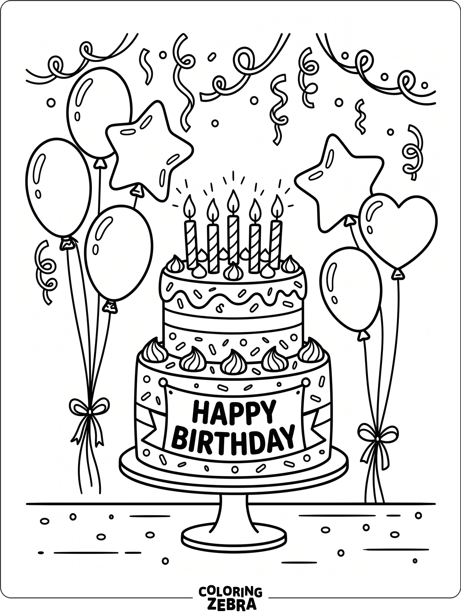 Birthday balloons and a cake with candles