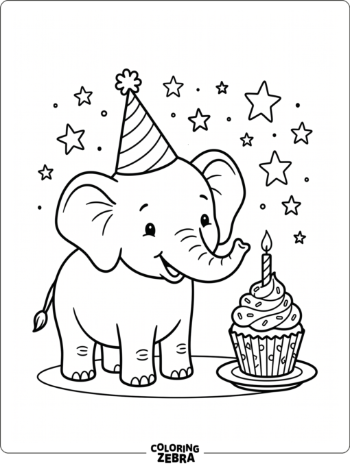 An elephant with a birthday hat and cupcake