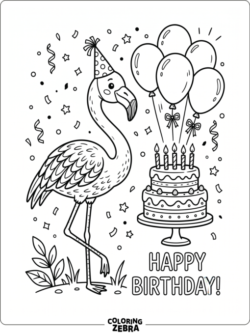 A flamingo beside a birthday cake and balloons
