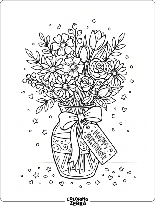 Flowers in a vase with a birthday ribbon and confetti