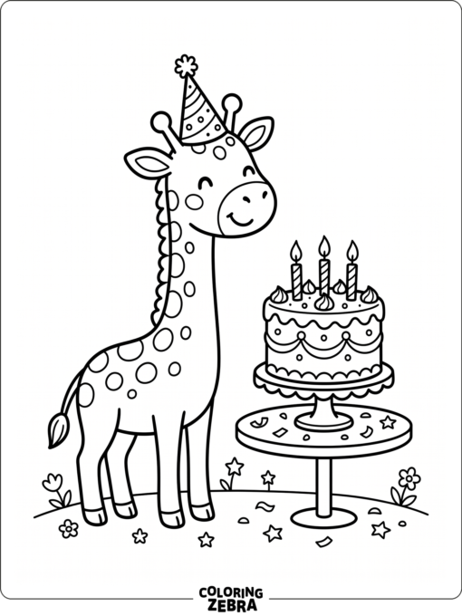 A giraffe in a party hat near a birthday cake