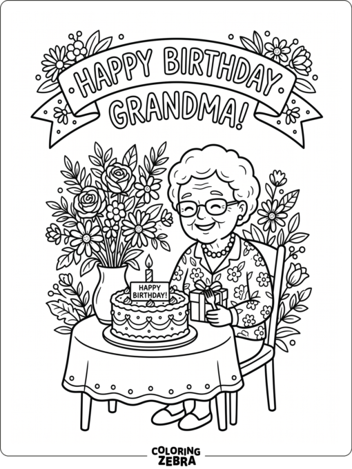 Grandma with cake, flowers, and a banner