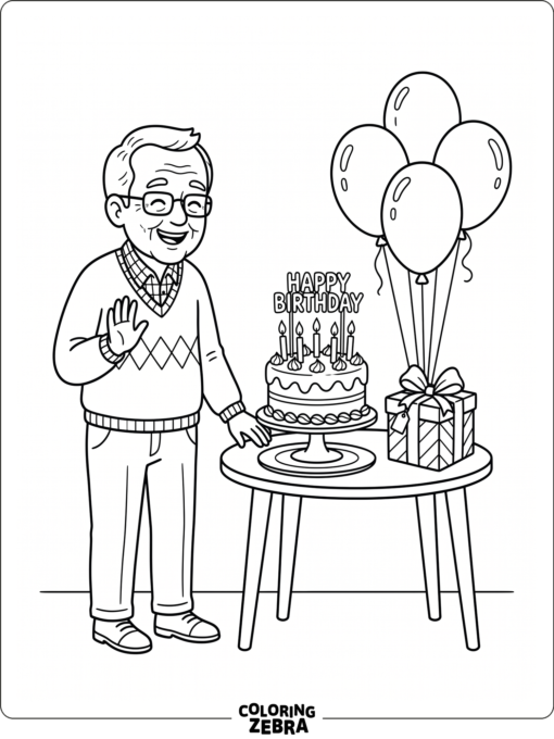 Grandpa with a cake, gift, and balloons