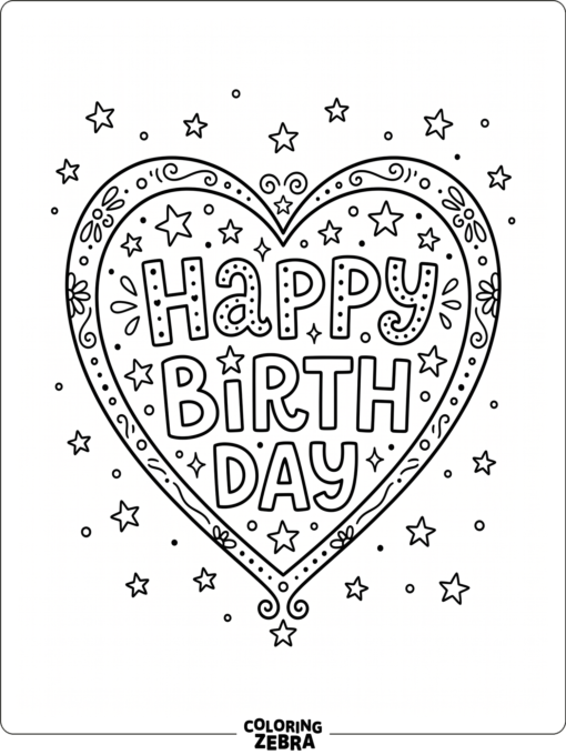 A heart shape with happy birthday lettering and stars