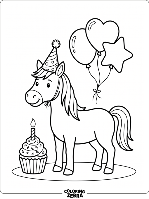 A horse in a party hat beside a cupcake and balloons