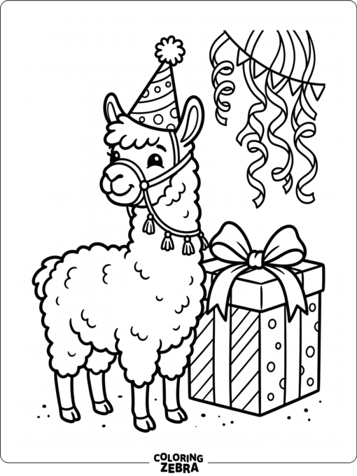 A llama wearing a party hat next to a gift