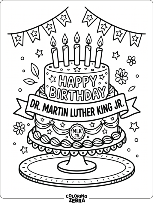 Birthday cake with candles and a Martin Luther King Jr. banner
