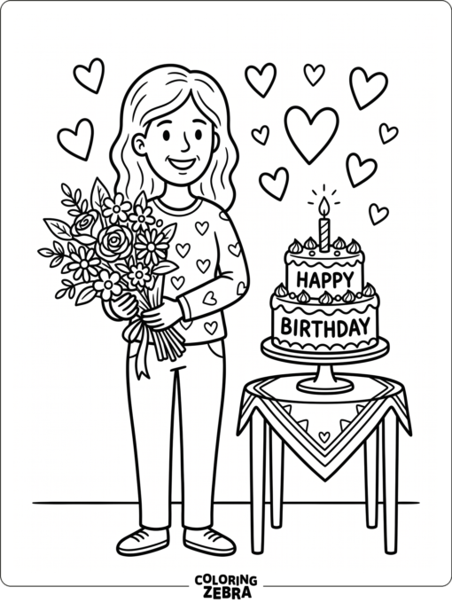 Mom with flowers, hearts, and a birthday cake
