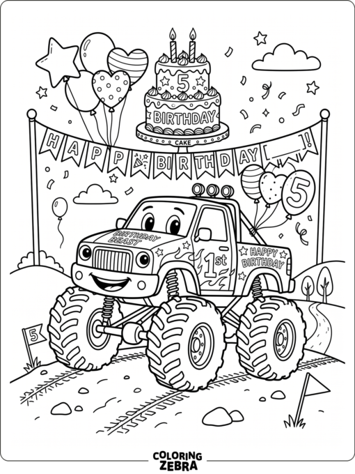 Monster truck beside balloons and a birthday cake