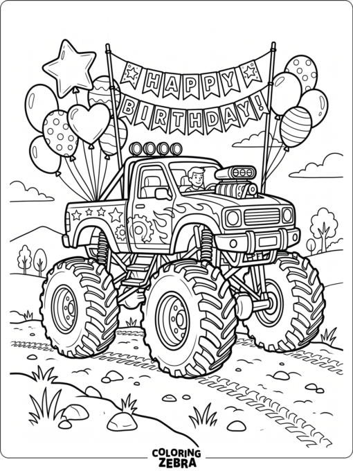 A monster truck with balloons and a birthday banner