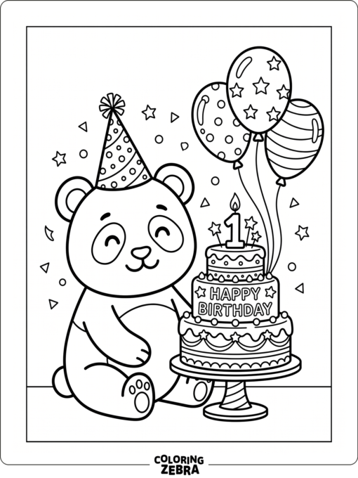 A panda beside a birthday cake and balloons