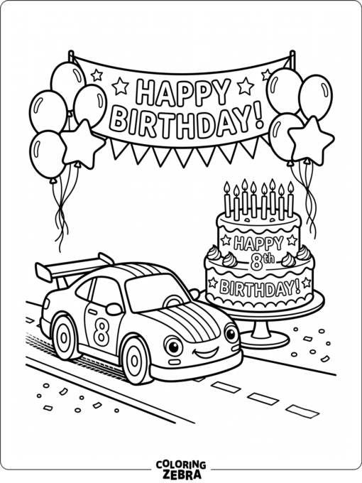A race car beside a birthday cake and balloons