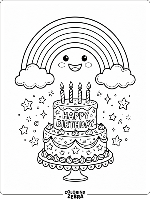A rainbow above a birthday cake and stars