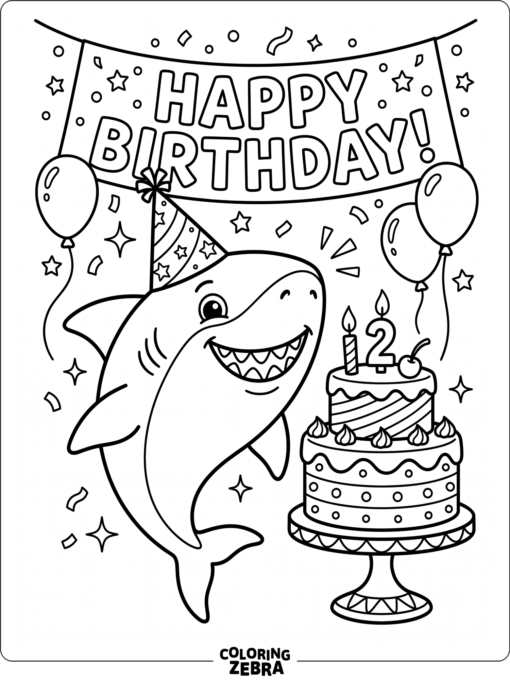 A shark in a party hat beside a birthday cake