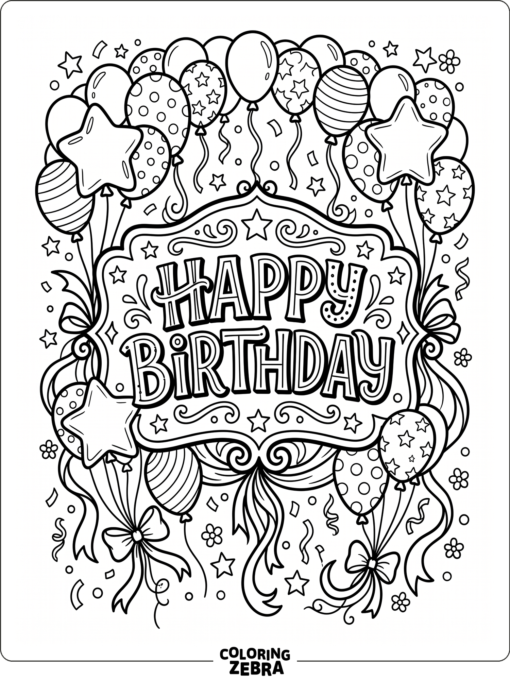 Happy birthday sign with balloons and ribbon