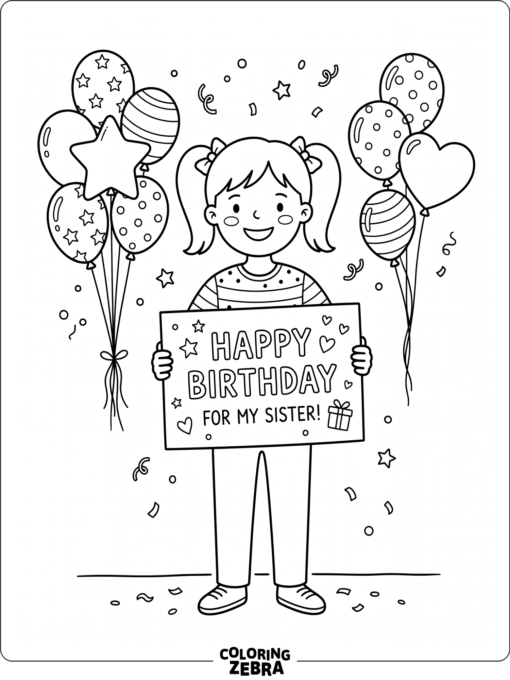 A sister holding a birthday card with balloons