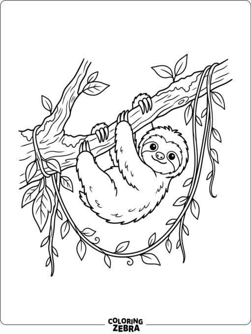 A printable baby sloth clinging to a branch