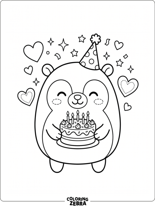 A smiling plush character with a cake and hearts