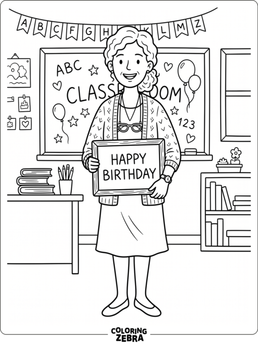 Teacher with a birthday chalkboard and flowers