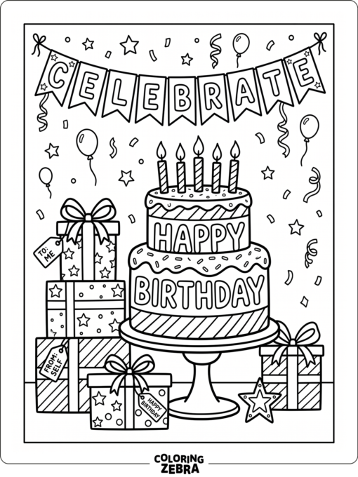 A birthday cake with candles, presents, and a banner