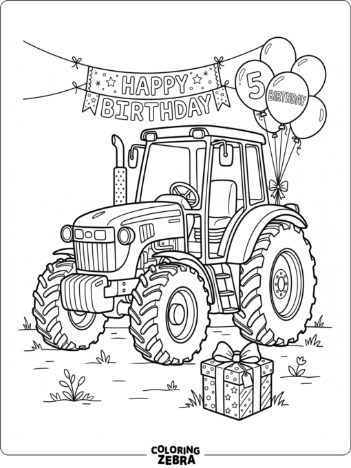 A tractor with balloons, a banner, and a gift box