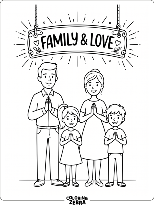 family praying together under a glowing banner