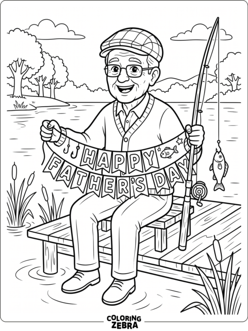 Grandpa with a fishing pole and banner
