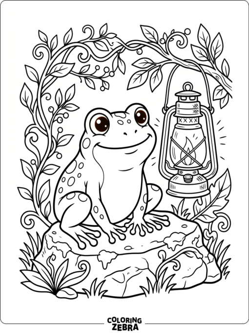 A friendly frog sitting beside a lantern