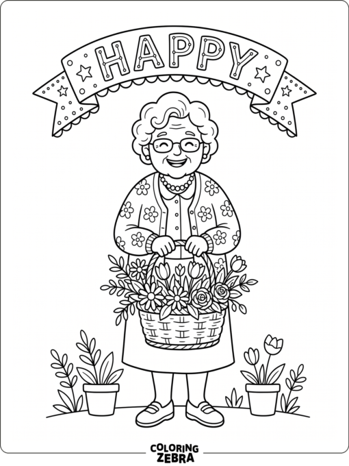 Grandma holds a flower basket under a happy banner