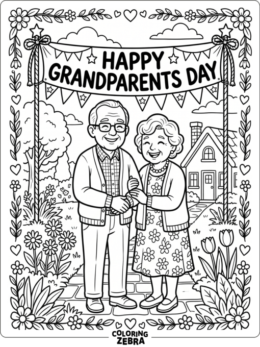 Grandparents smile under a Happy Grandparents Day banner