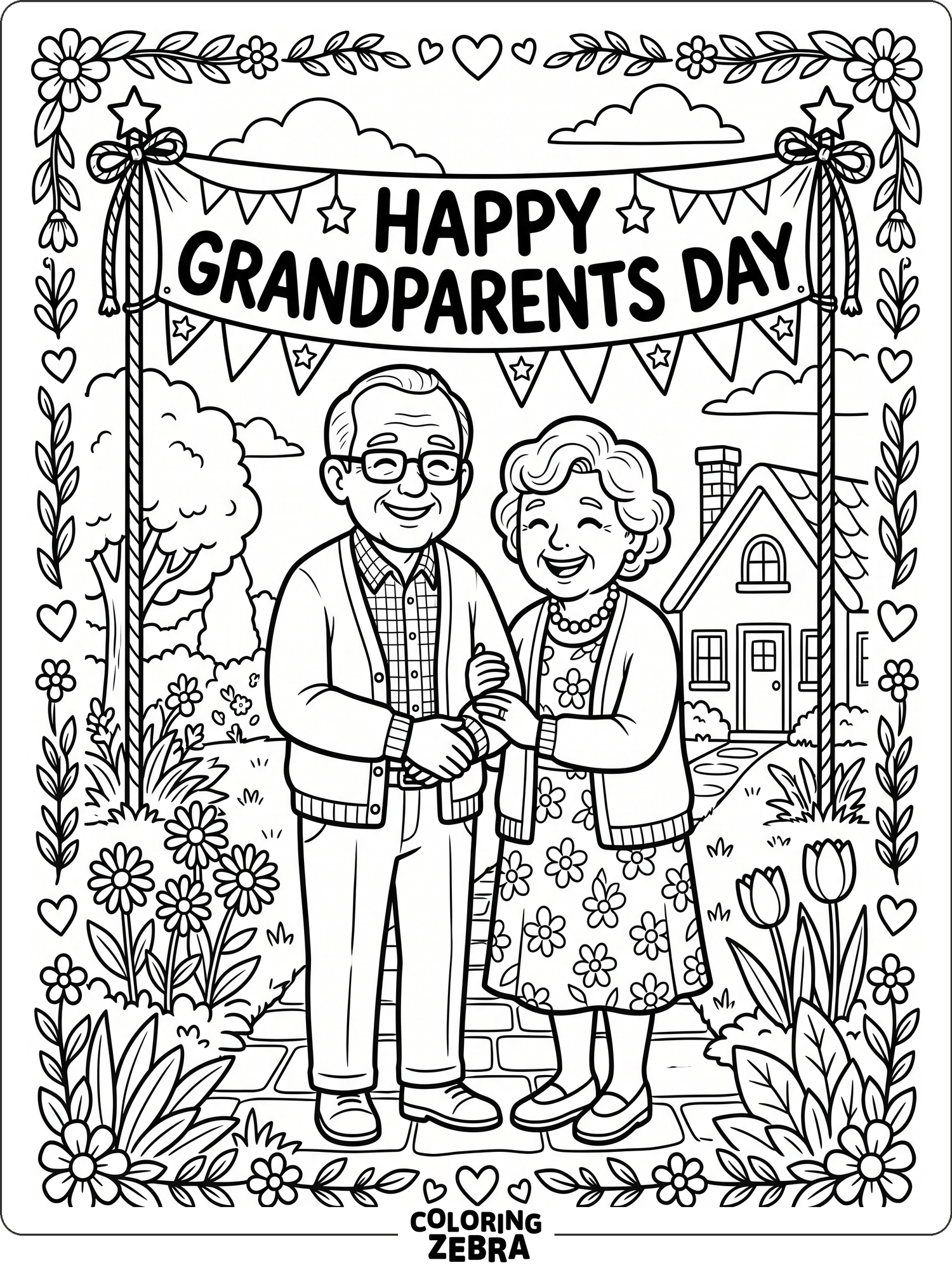 Grandparents smile under a Happy Grandparents Day banner