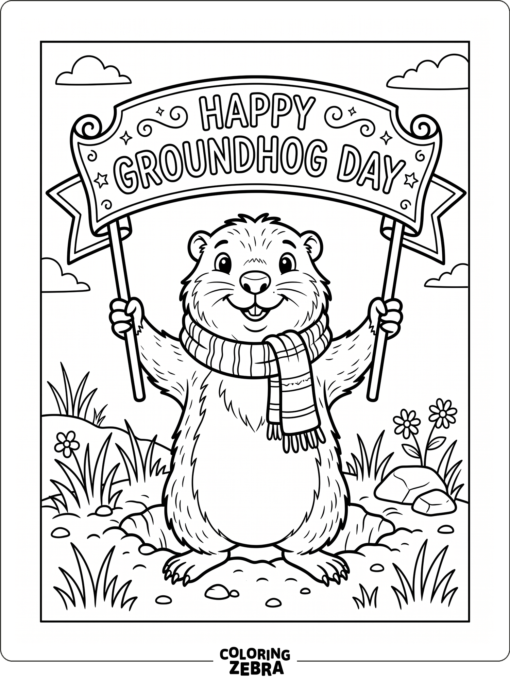 Smiling groundhog with a Happy Groundhog Day banner