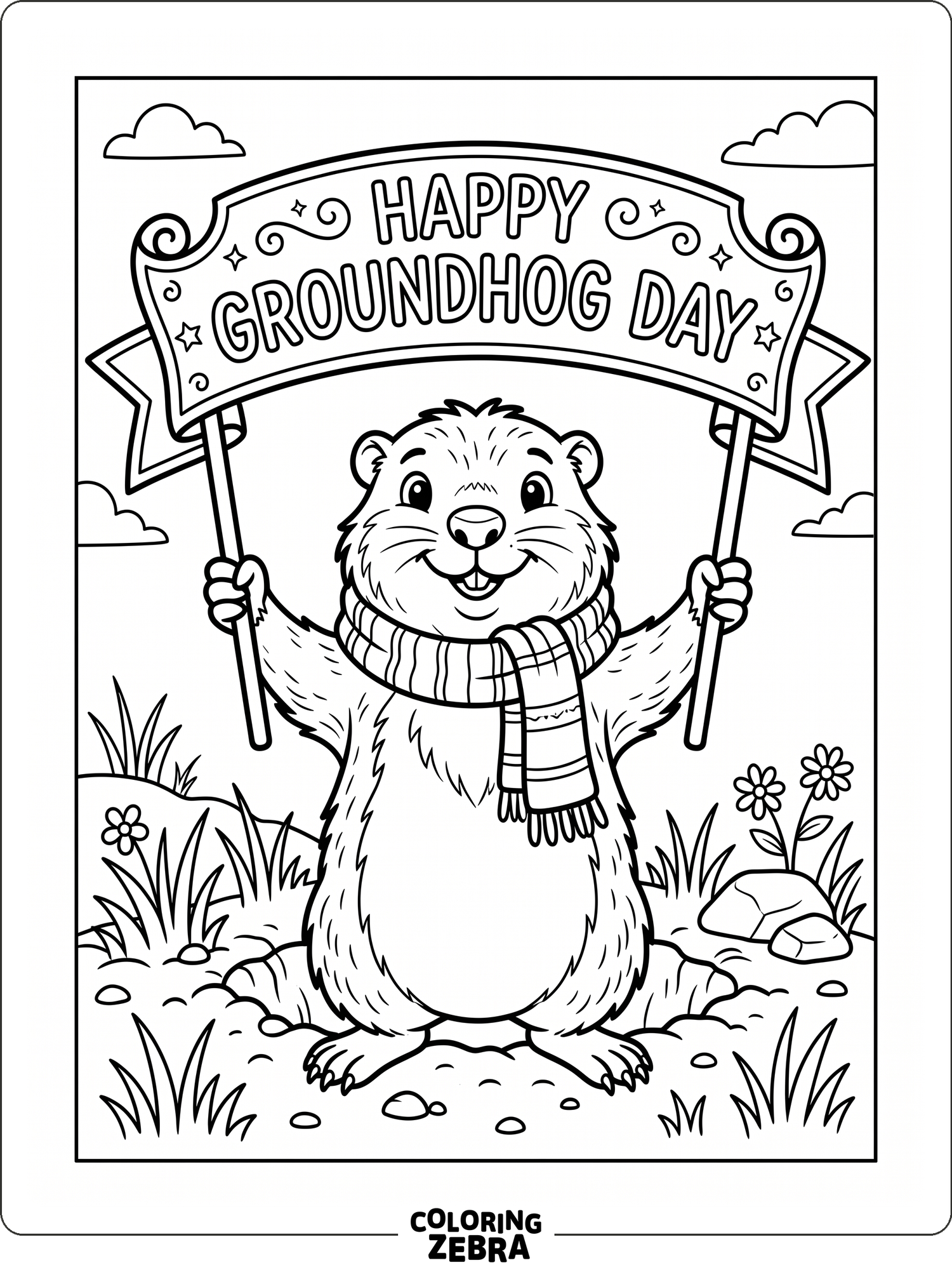 Smiling groundhog with a Happy Groundhog Day banner
