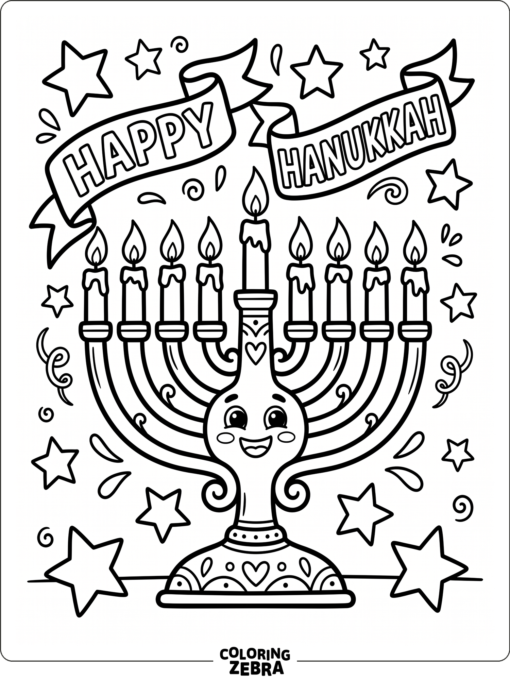 A joyful menorah with ribbons and stars around it