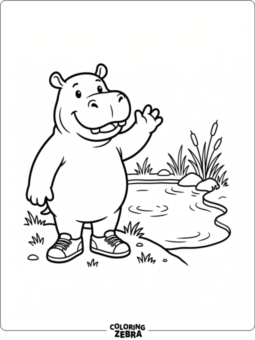 A happy hippo character waving by a pond