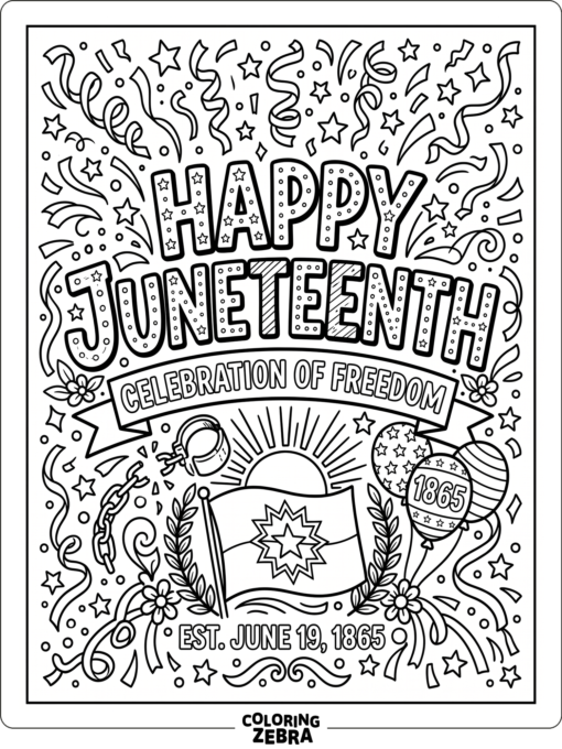 Happy Juneteenth lettering with confetti and streamers