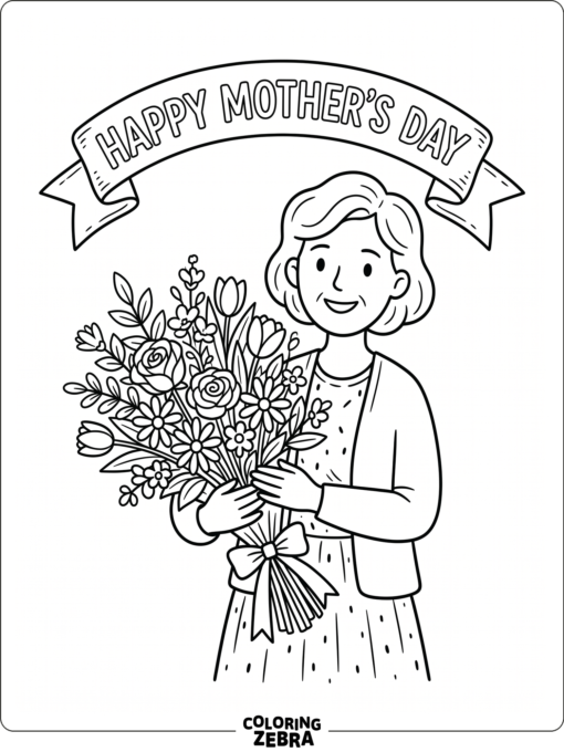 Aunt holding flowers with a Happy Mother's Day banner