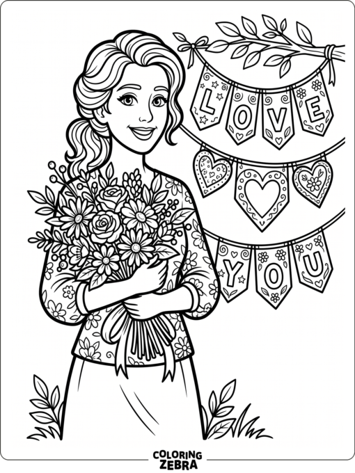 Smiling mom holding flowers by a heart banner