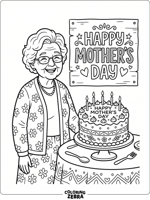 Grandmother beside a cake and a Happy Mother's Day sign