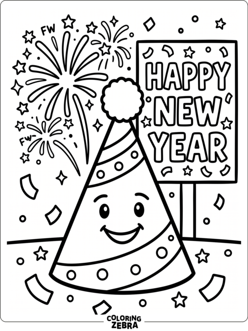 Party hat and fireworks frame a cheerful Happy New Year sign