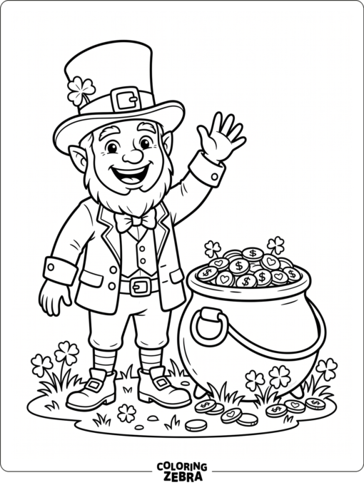 Happy leprechaun waving next to a coin pot