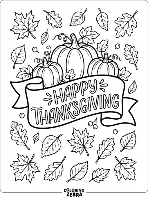 Happy Thanksgiving text with pumpkins and autumn leaves