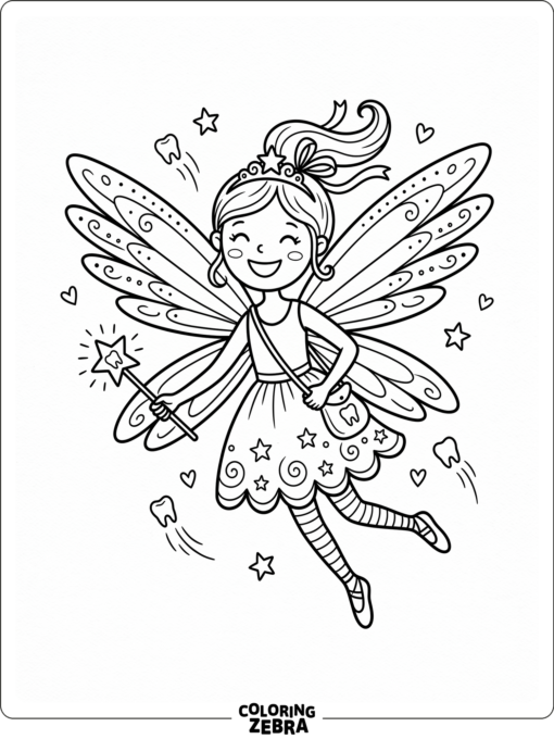 A happy tooth fairy with wide wings and a smile